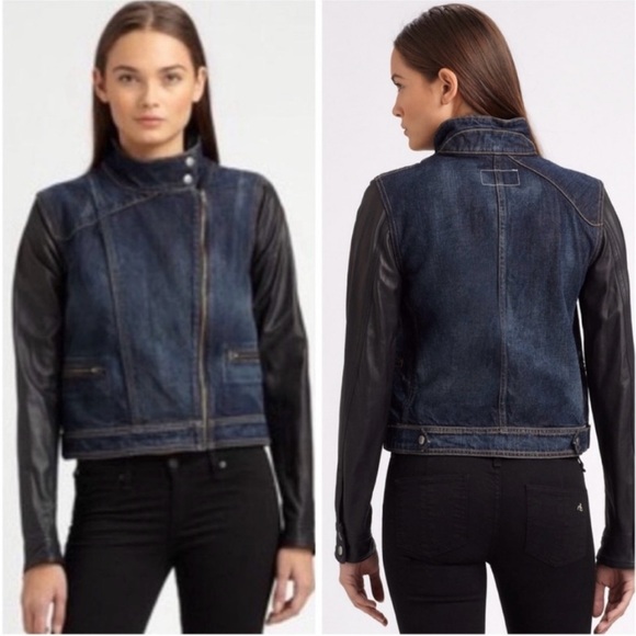 Rag & Bone Zip Front Leather Sleeve Moto Dark Denim Jean Jacket - Picture 10 of 10